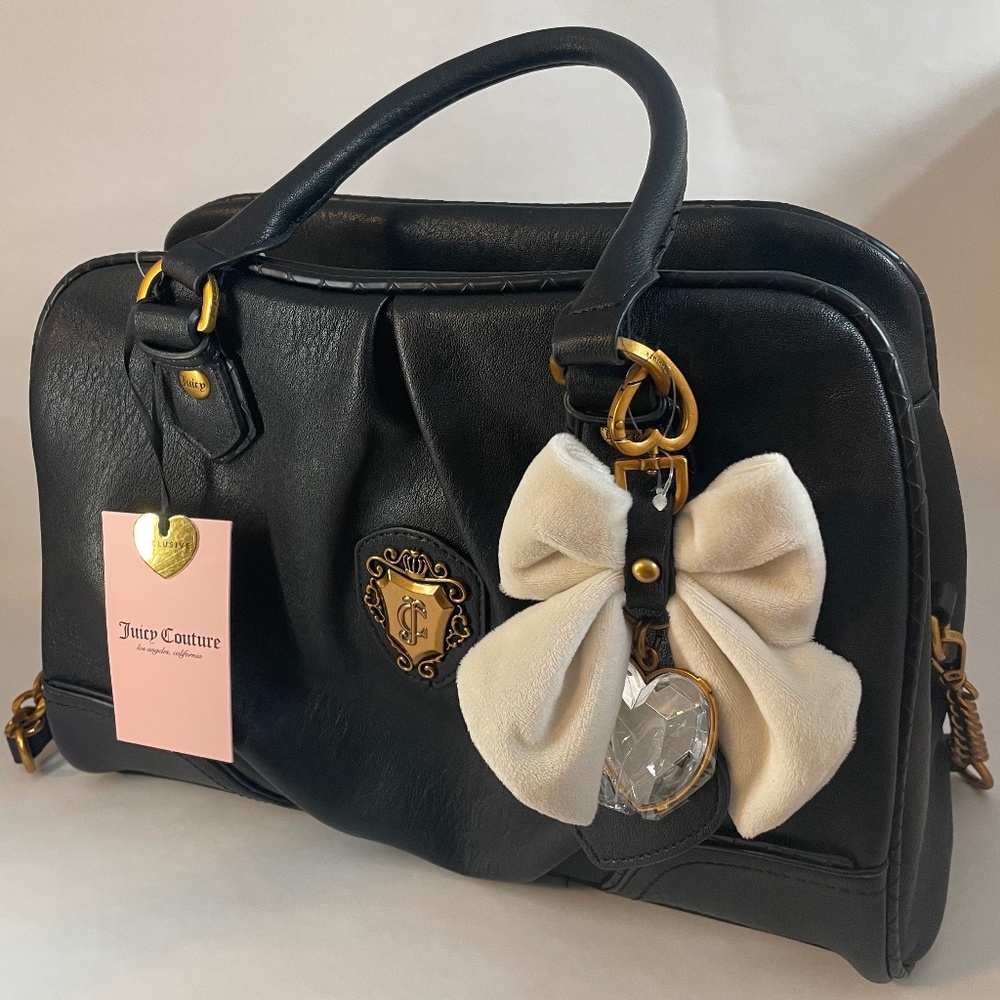 Juicy Couture Black Satchel with Bow, Heart Charm and Gold Accents New with Tag
